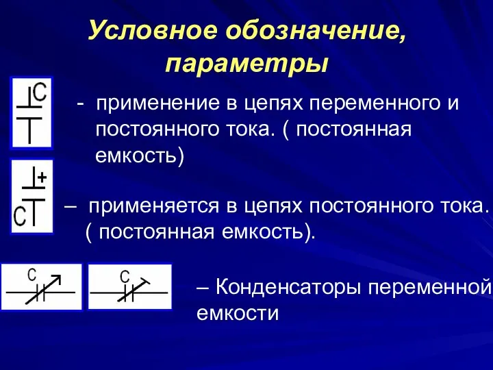 Условное обозначение, параметры - применение в цепях переменного и постоянного тока.