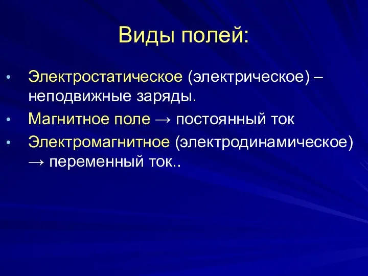 Виды полей: Электростатическое (электрическое) – неподвижные заряды. Магнитное поле → постоянный