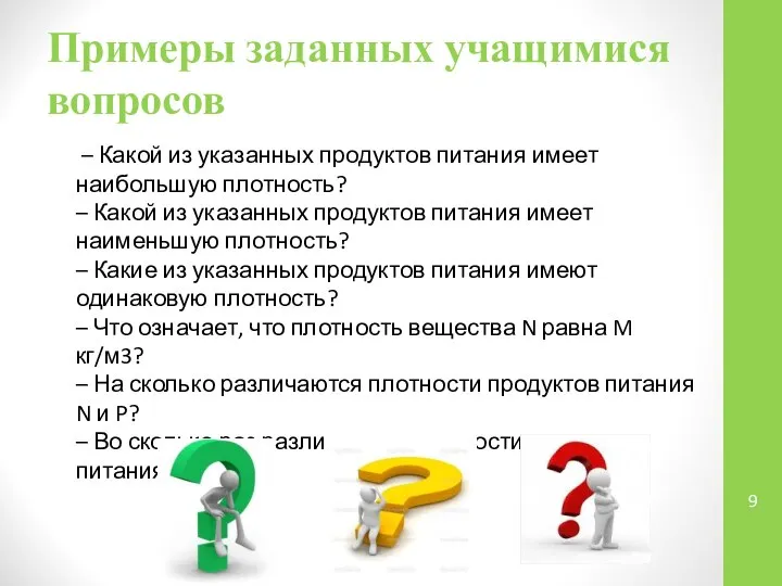 Примеры заданных учащимися вопросов – Какой из указанных продуктов питания имеет