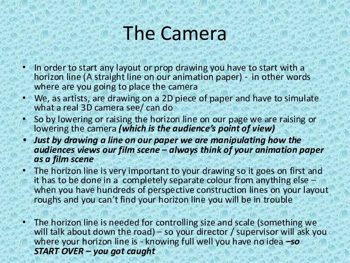 The Camera In order to start any layout or prop drawing