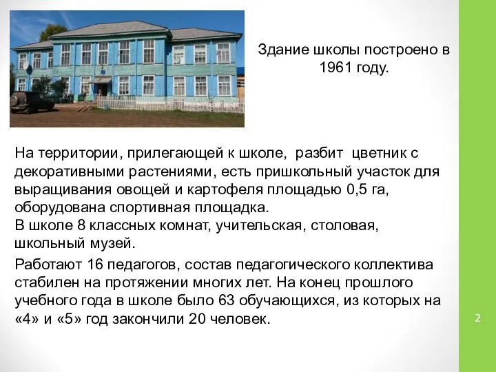 Здание школы построено в 1961 году. На территории, прилегающей к школе,