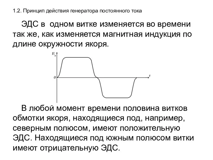 1.2. Принцип действия генератора постоянного тока ЭДС в одном витке изменяется