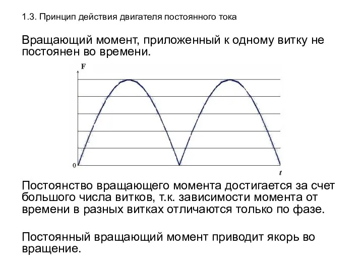 1.3. Принцип действия двигателя постоянного тока Вращающий момент, приложенный к одному