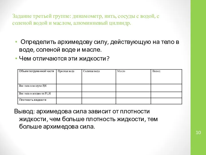 Задание третьей группе: динамометр, нить, сосуды с водой, с соленой водой