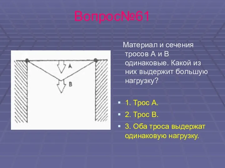 Вопрос№61 Материал и сечения тросов А и В одинаковые. Какой из