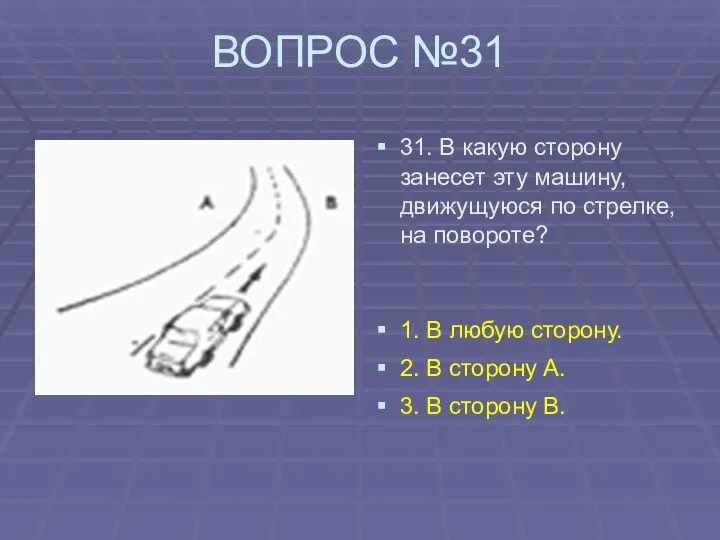 ВОПРОС №31 31. В какую сторону занесет эту машину, движущуюся по