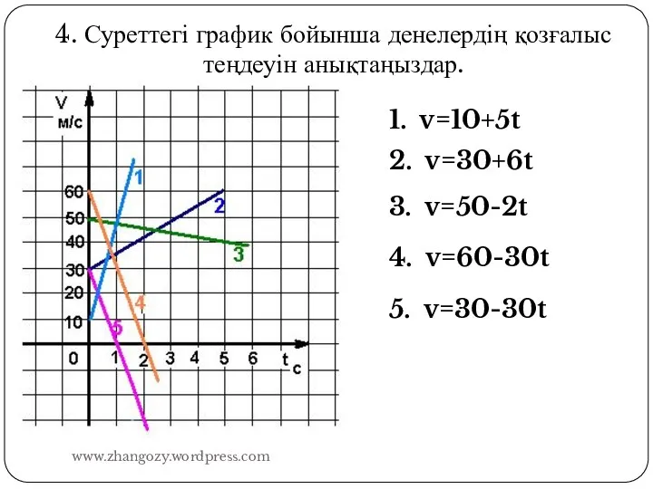 4. Суреттегі график бойынша денелердің қозғалыс теңдеуін анықтаңыздар. 1. v=10+5t 2.