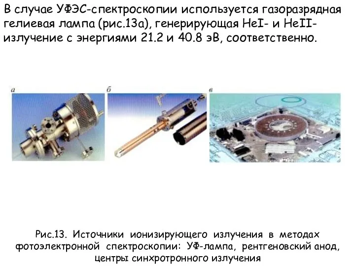 В случае УФЭС-спектроскопии используется газоразрядная гелиевая лампа (рис.13а), генерирующая HeI- и