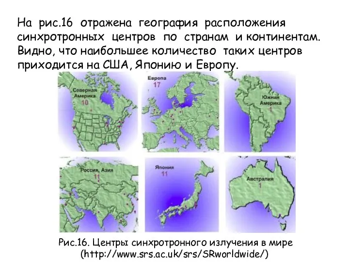 На рис.16 отражена география расположения синхротронных центров по странам и континентам.