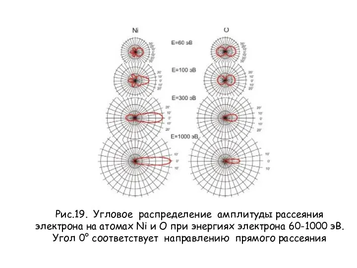 Рис.19. Угловое распределение амплитуды рассеяния электрона на атомах Ni и O