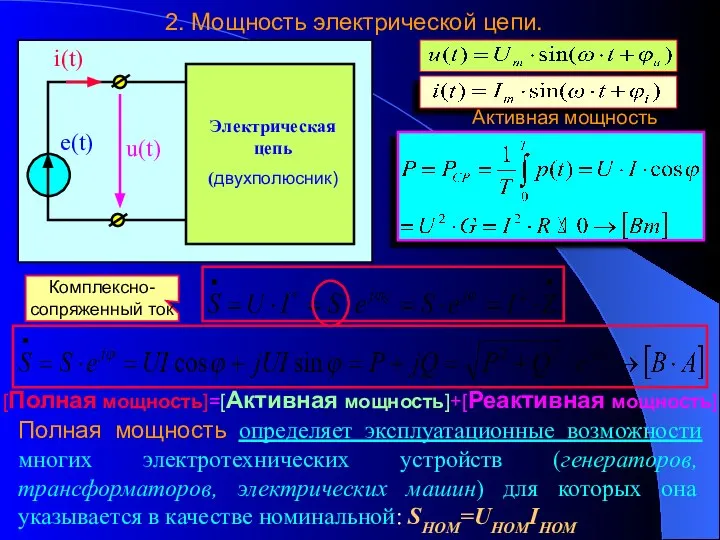 2. Мощность электрической цепи. Активная мощность [Полная мощность]=[Активная мощность]+[Реактивная мощность] Полная