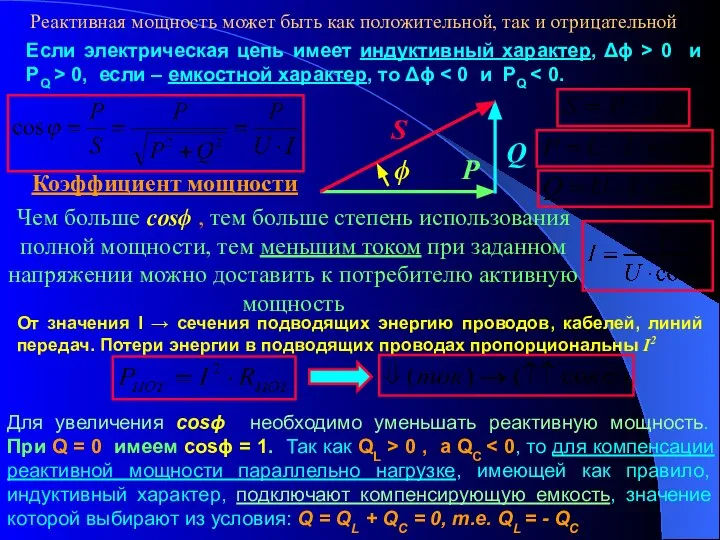 Реактивная мощность может быть как положительной, так и отрицательной Если электрическая