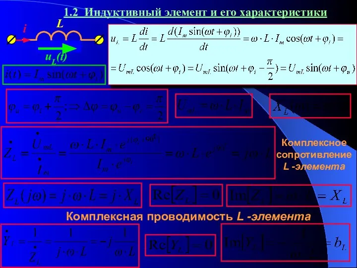 1.2 Индуктивный элемент и его характеристики Комплексное сопротивлениеL -элемента Комплексная проводимость L -элемента