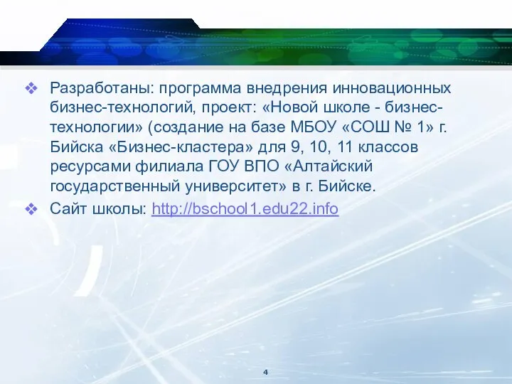 Разработаны: программа внедрения инновационных бизнес-технологий, проект: «Новой школе - бизнес-технологии» (создание