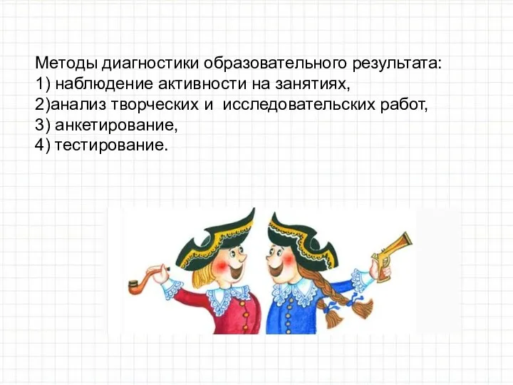 Методы диагностики образовательного результата: 1) наблюдение активности на занятиях, 2)анализ творческих