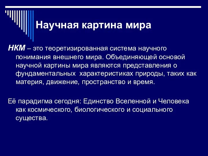 Научная картина мира НКМ – это теоретизированная система научного понимания внешнего