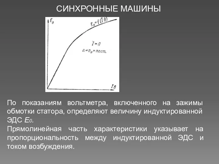 СИНХРОННЫЕ МАШИНЫ По показаниям вольтметра, включенного на зажимы обмотки статора, определяют