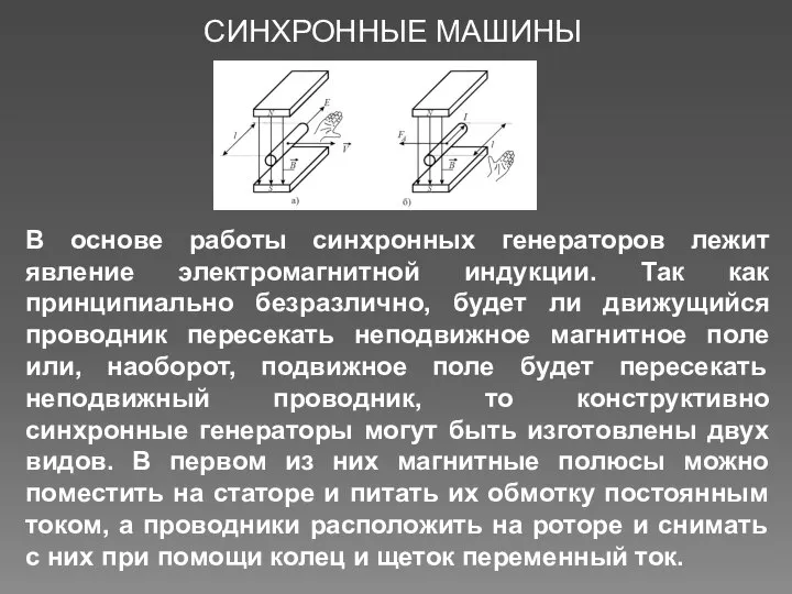 В основе работы синхронных генераторов лежит явление электромагнитной индукции. Так как