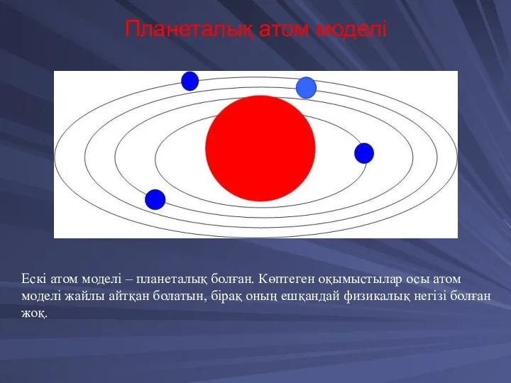 Планеталық атом моделі Ескі атом моделі – планеталық болған. Көптеген оқымыстылар