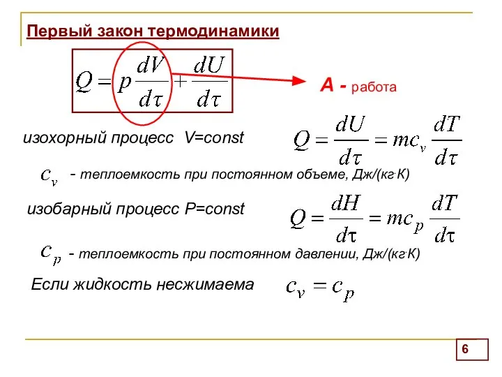 Первый закон термодинамики изохорный процесс V=const изобарный процесс Р=const - теплоемкость