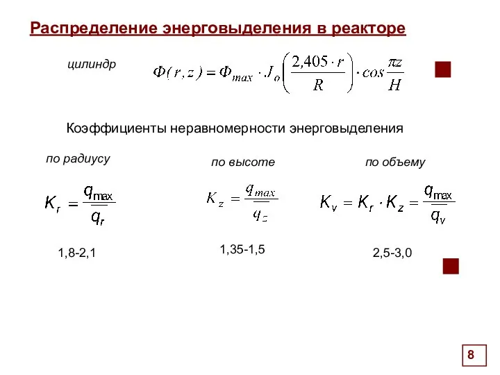 Распределение энерговыделения в реакторе Через сечение x передается количество тепла: Коэффициенты