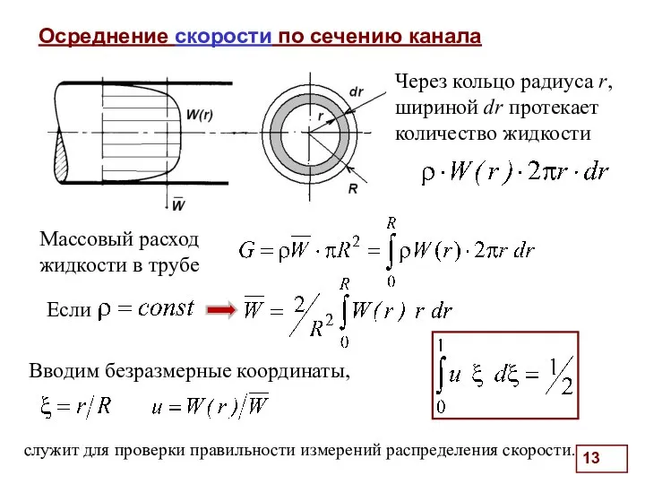 Осреднение скорости по сечению канала . Через кольцо радиуса r, шириной