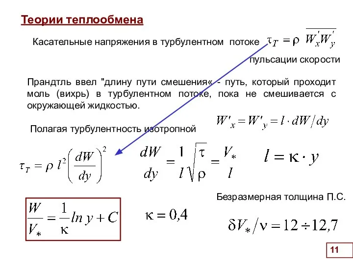 . Теории теплообмена Касательные напряжения в турбулентном потоке пульсации скорости Прандтль