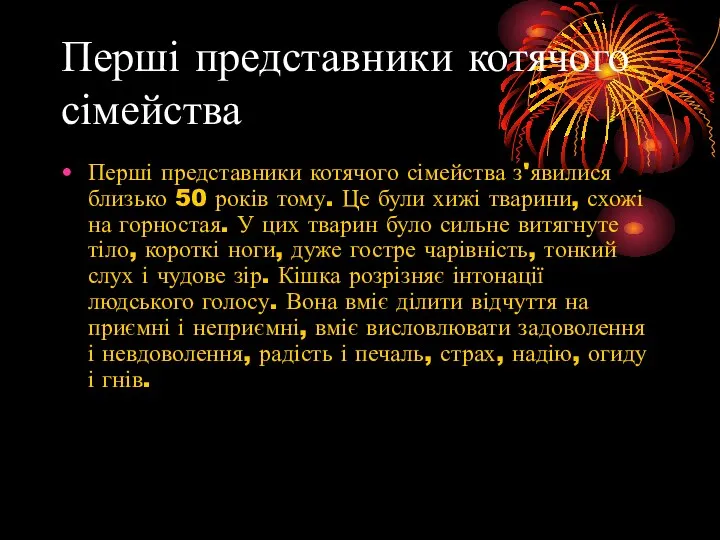 Перші представники котячого сімейства Перші представники котячого сімейства з'явилися близько 50