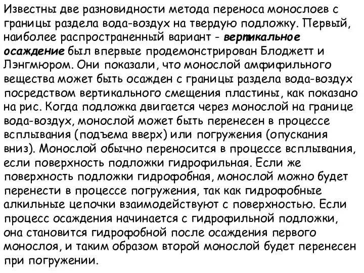 Известны две разновидности метода переноса монослоев с границы раздела вода-воздух на