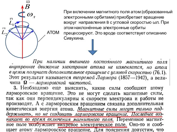 При включении магнитного поля атом (образованный электронными орбитами) приобретает вращение вокруг