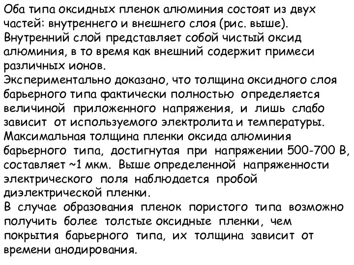 Оба типа оксидных пленок алюминия состоят из двух частей: внутреннего и