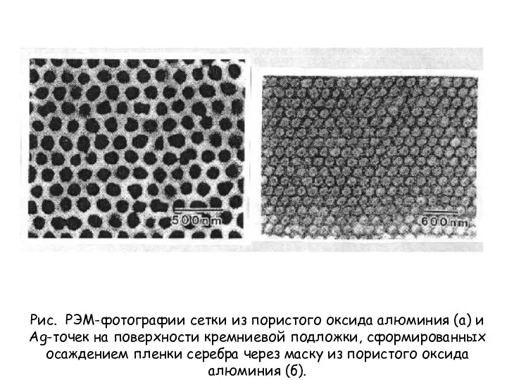 Рис. РЭМ-фотографии сетки из пористого оксида алюминия (а) и Ag-точек на