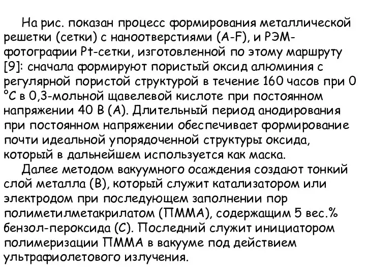 На рис. показан процесс формирования металлической решетки (сетки) с наноотверстиями (A-F),