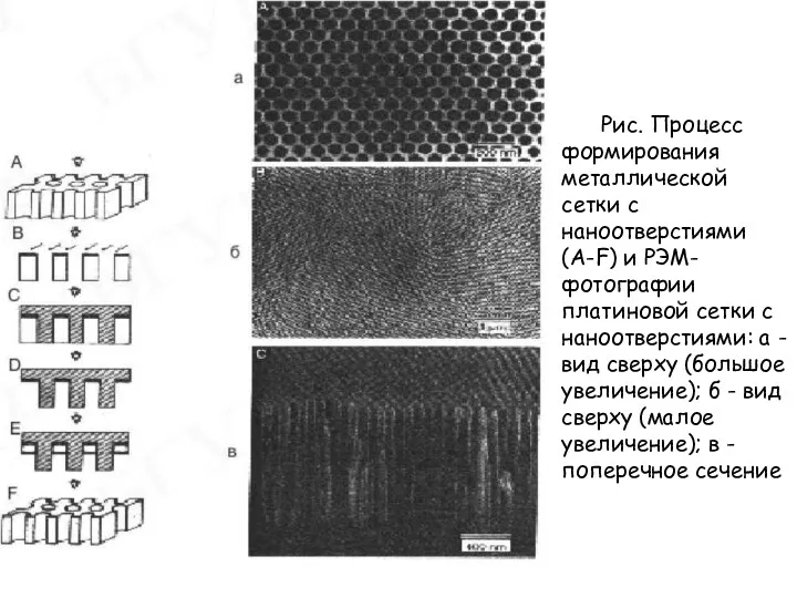 Рис. Процесс формирования металлической сетки с наноотверстиями (A-F) и РЭМ-фотографии платиновой