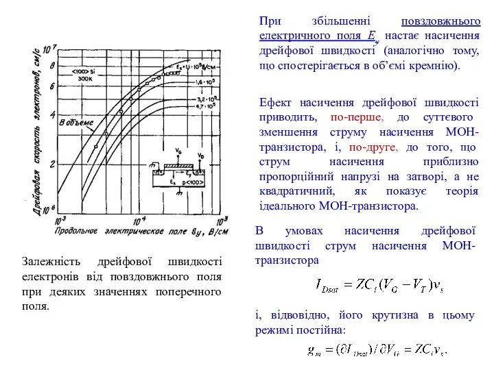 При збільшенні повздовжнього електричного поля Ey настає насичення дрейфової швидкості (аналогічно