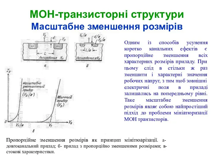 МОН-транзисторні структури Масштабне зменшення розмірів Пропорційне зменшення розмірів як принцип мінітюарізації.