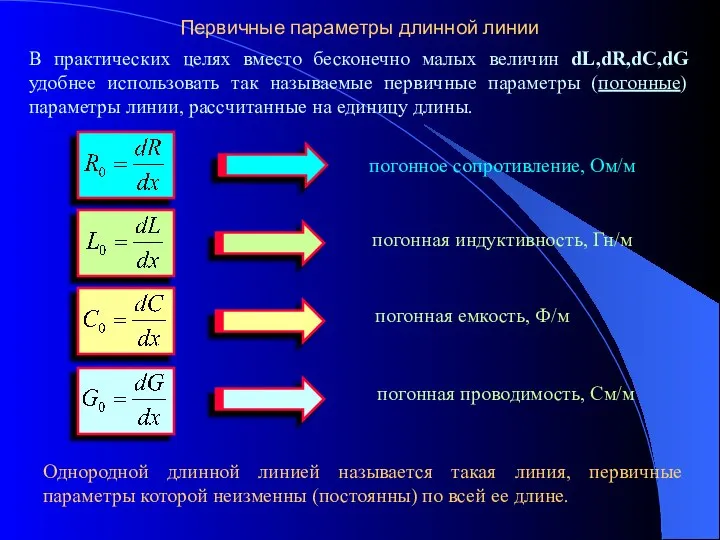 Первичные параметры длинной линии В практических целях вместо бесконечно малых величин