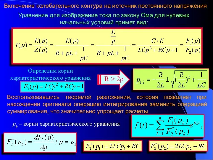 Включение колебательного контура на источник постоянного напряжения Уравнение для изображение тока