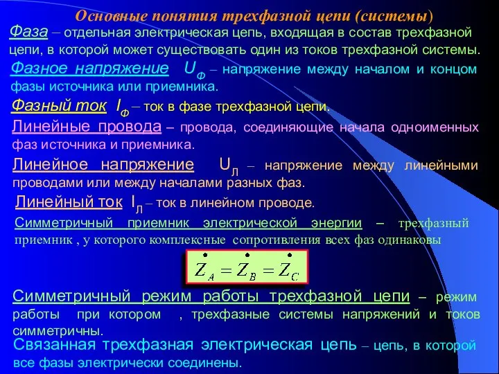 Основные понятия трехфазной цепи (системы) Фаза – отдельная электрическая цепь, входящая