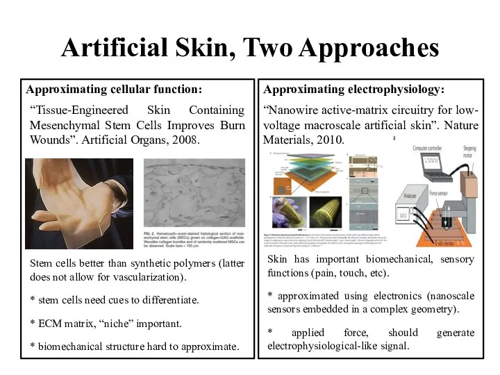 Artificial Skin, Two Approaches Approximating cellular function: Approximating electrophysiology: “Nanowire active-matrix