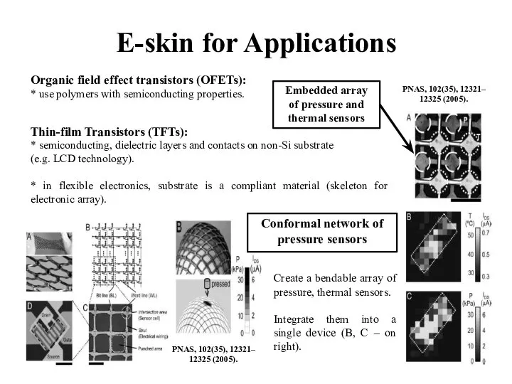 E-skin for Applications Organic field effect transistors (OFETs): * use polymers