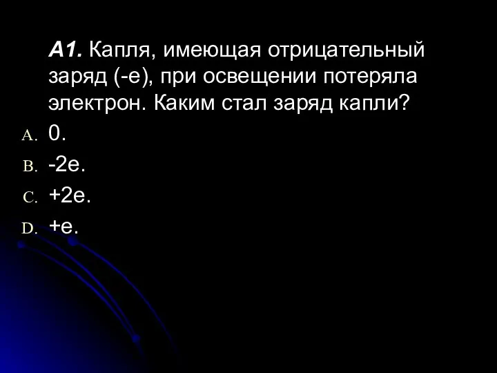 А1. Капля, имеющая отрицательный заряд (-е), при освещении потеряла электрон. Каким