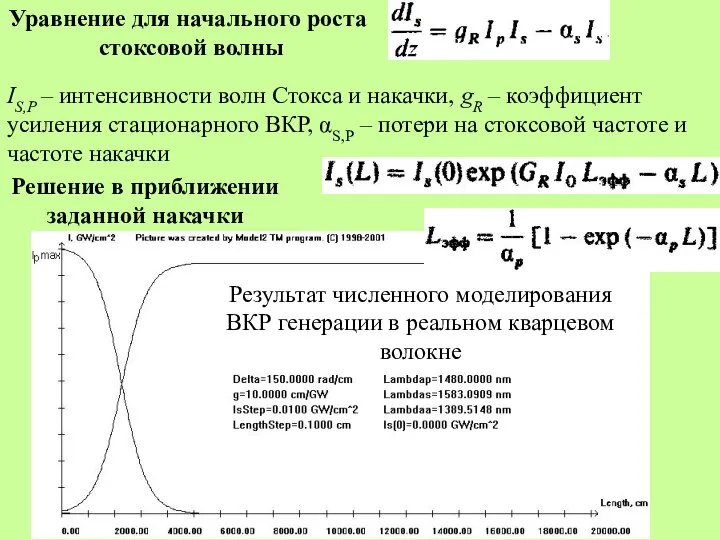 Уравнение для начального роста стоксовой волны IS,P – интенсивности волн Стокса