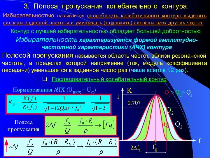 3. Полоса пропускания колебательного контура. Избирательностью называется способность колебательного контура выделять