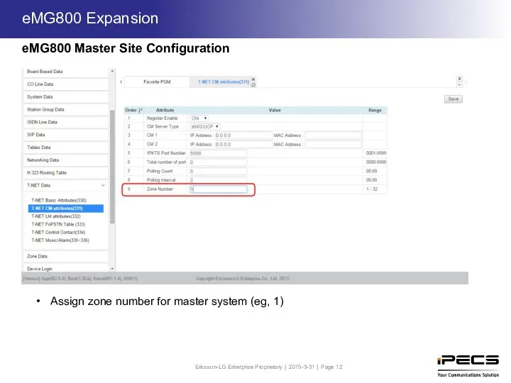 Assign zone number for master system (eg, 1) eMG800 Master Site Configuration eMG800 Expansion