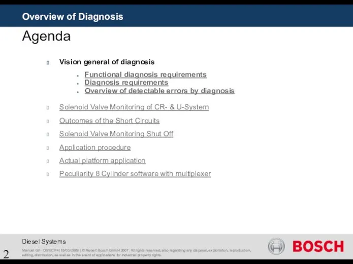 Vision general of diagnosis Functional diagnosis requirements Diagnosis requirements Overview of