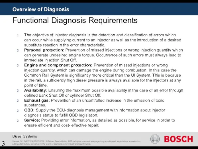 Overview of Diagnosis Functional Diagnosis Requirements The objective of injector diagnosis