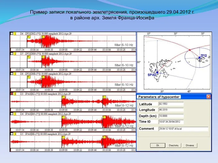 Пример записи локального землетрясения, произошедшего 29.04.2012 г. в районе арх. Земля Франца-Иосифа