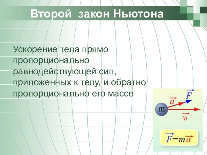 Второй закон Ньютона Ускорение тела прямо пропорционально равнодействующей сил, приложенных к