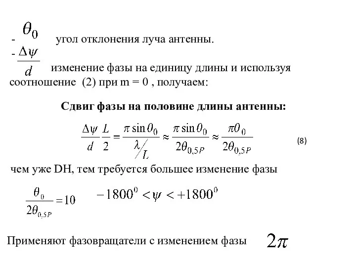 (8) Сдвиг фазы на половине длины антенны: чем уже DH, тем